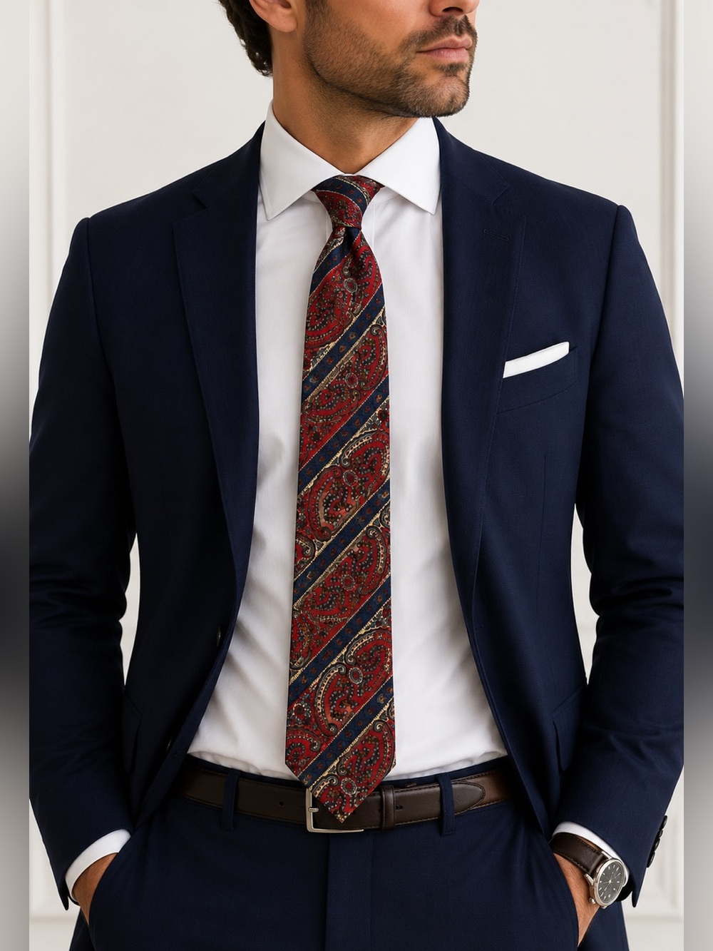 Brioni Burgundy, Navy & Gold Paisley Silk Tie